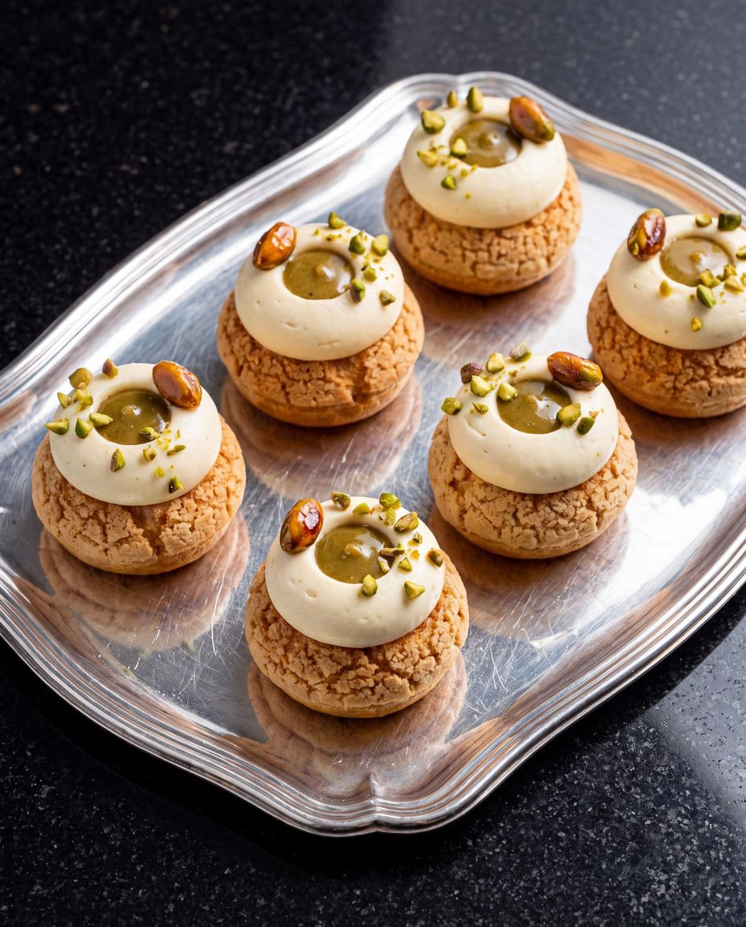 Pistachio choux presented on a platter for a morning welcome