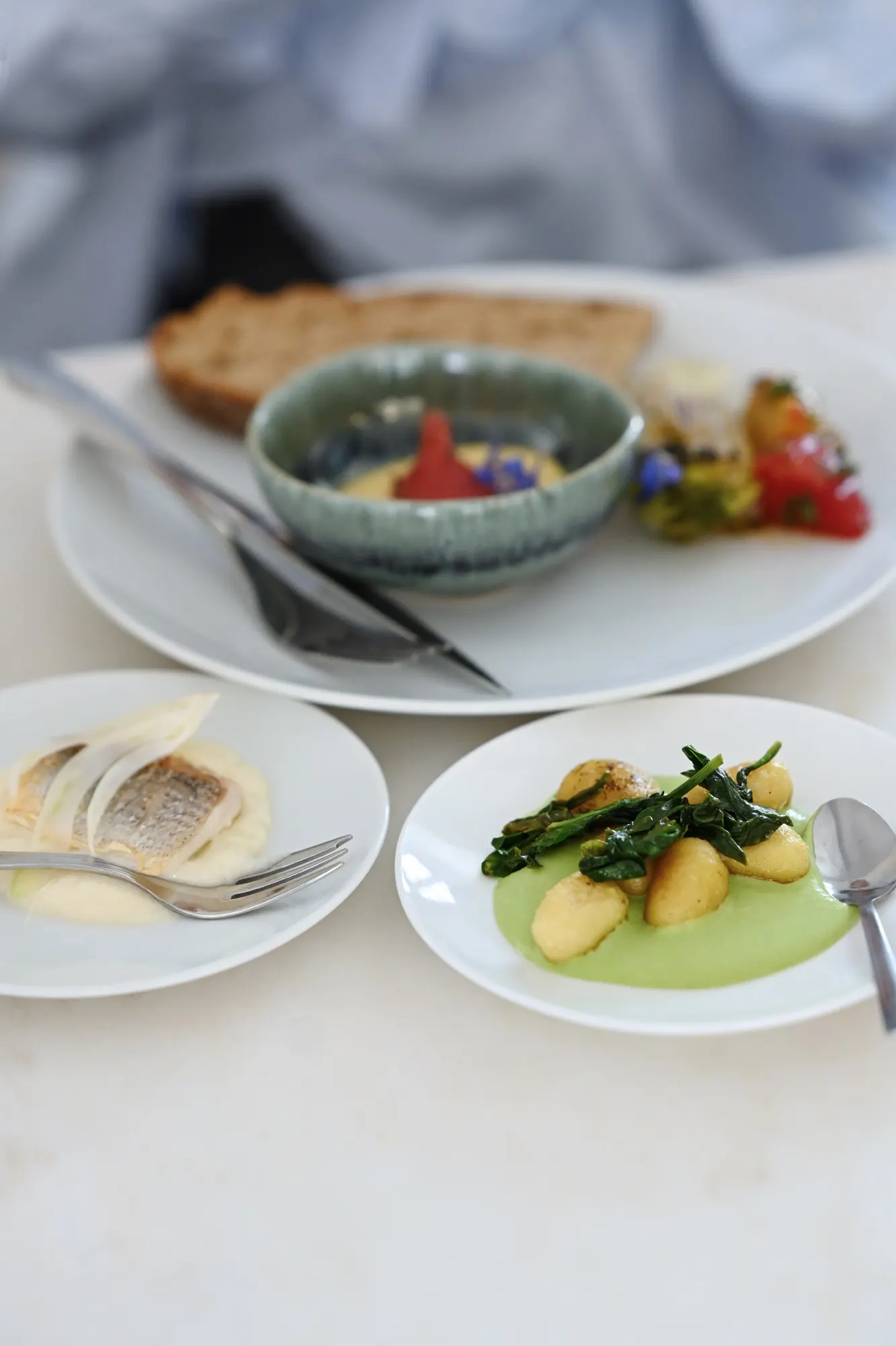 Several plated dishes for a company meal